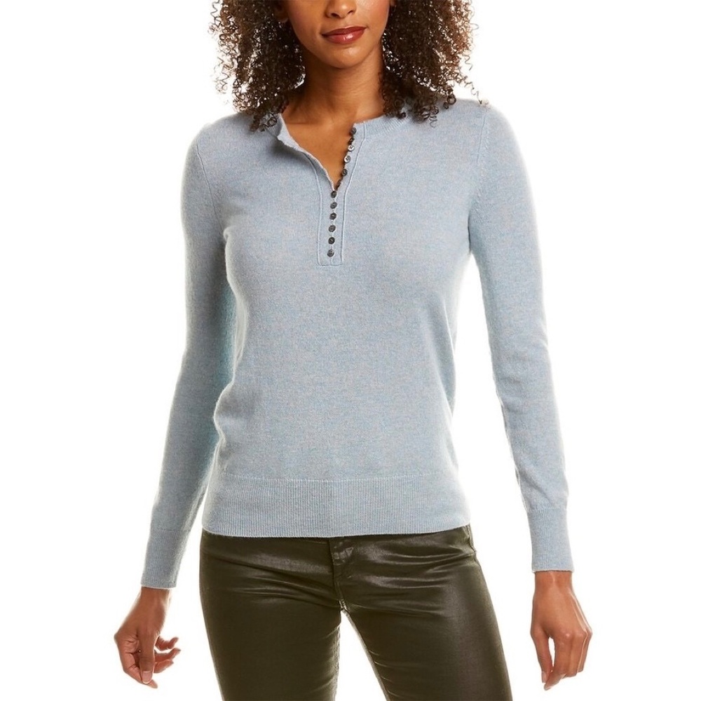 Theory Light Blue Henley Cashmere Blend Sweater